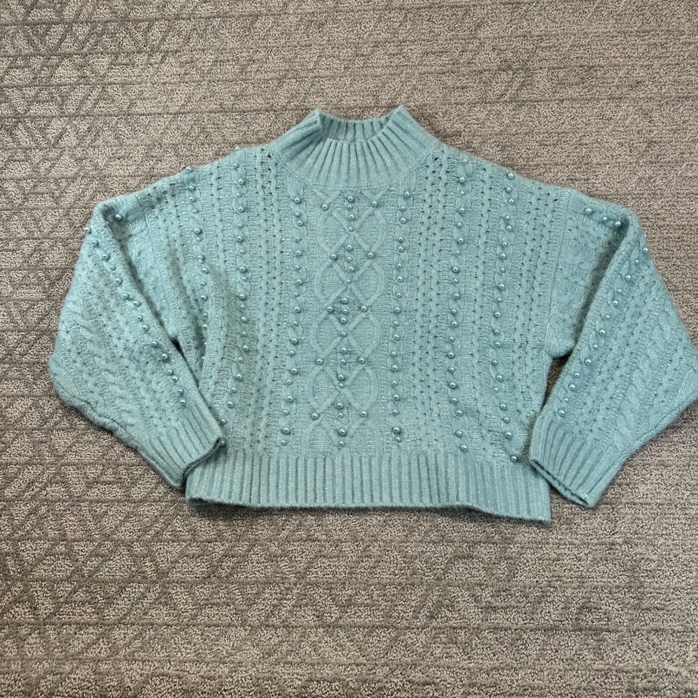 Fate Womens Sweater Small S Blue Cable‎ Knit Mock Neck Pearl Embellished Holiday